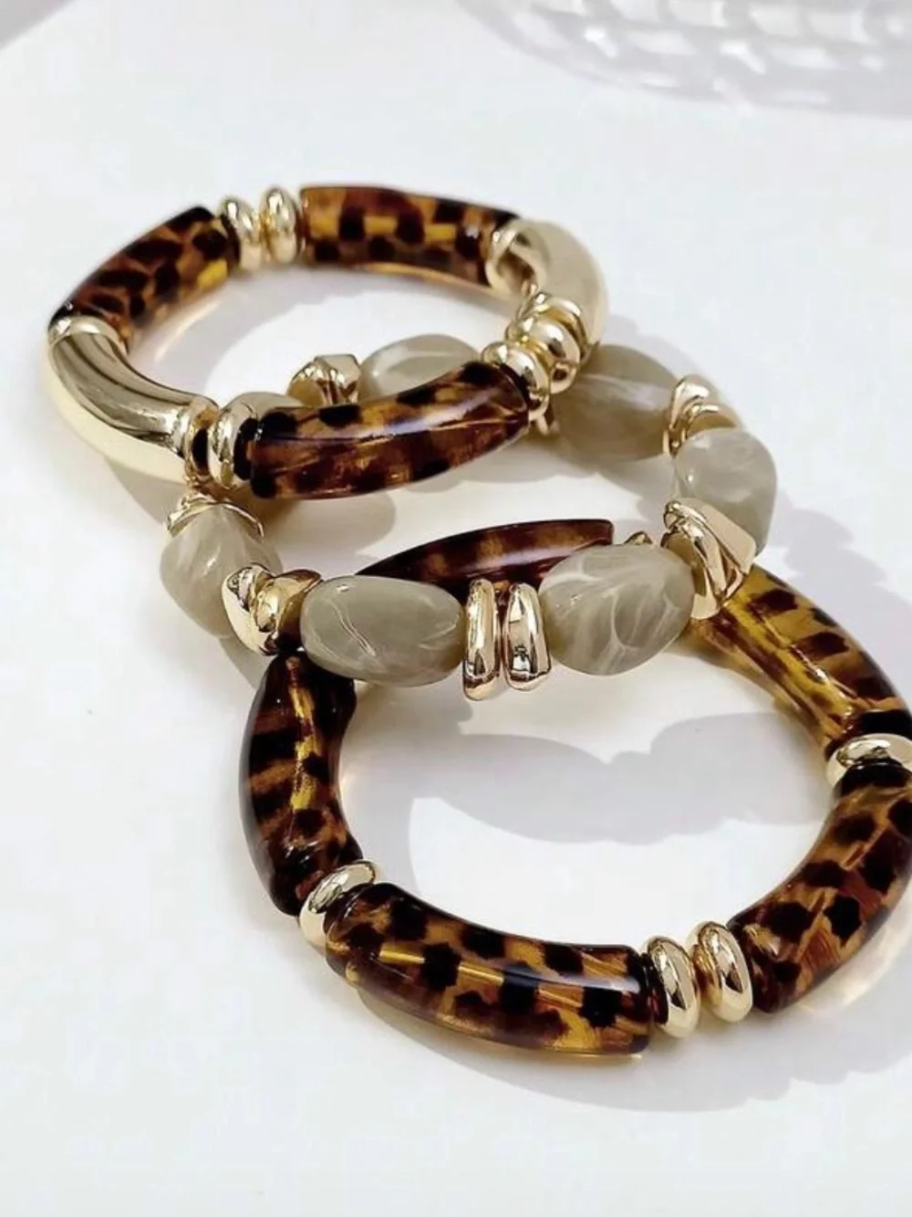 Vintage boho Leopold print acrylic & Gold Stretch beaded Bracelet -high end